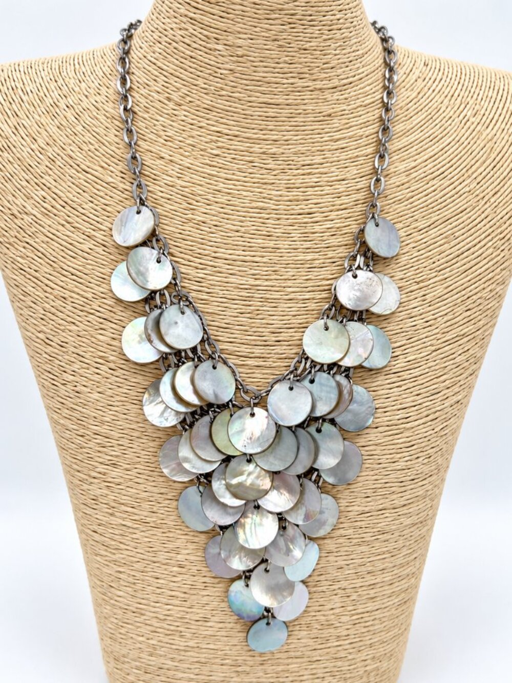 Natural Shell Disc Statement Necklace Silver Tone Layered Bib
